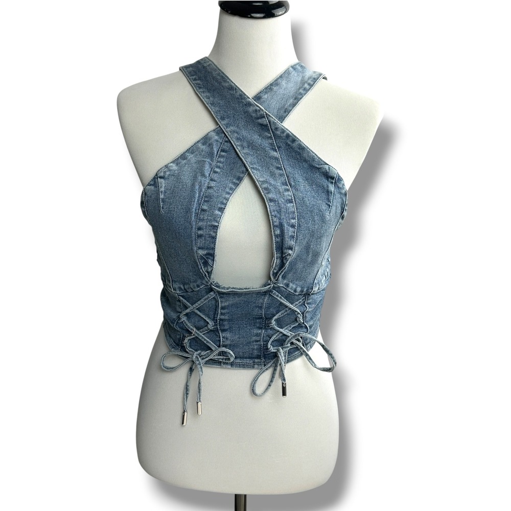 Maniere De Voir Denim Halter Top Womens 8 Blue Criss Cross Cutout Corset Lace Up